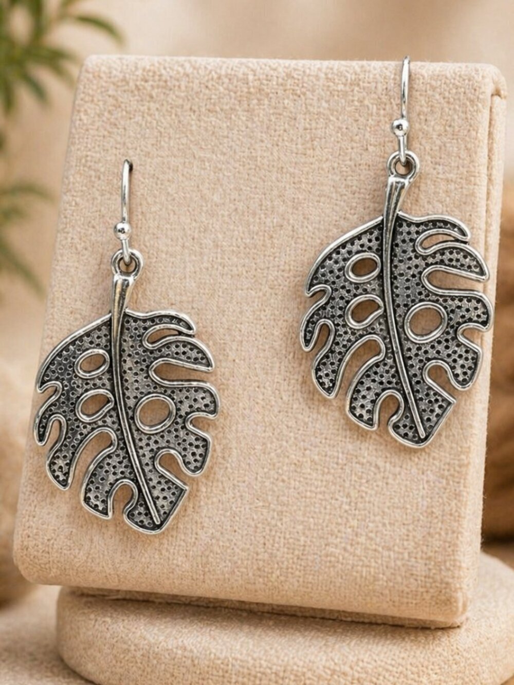 Antique Silver Monstera Leaf Drop Earrings - Picture 1 of 4